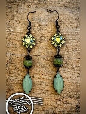 Victorian Green Flower Crystal In Three Tier Long Earrings In Brass